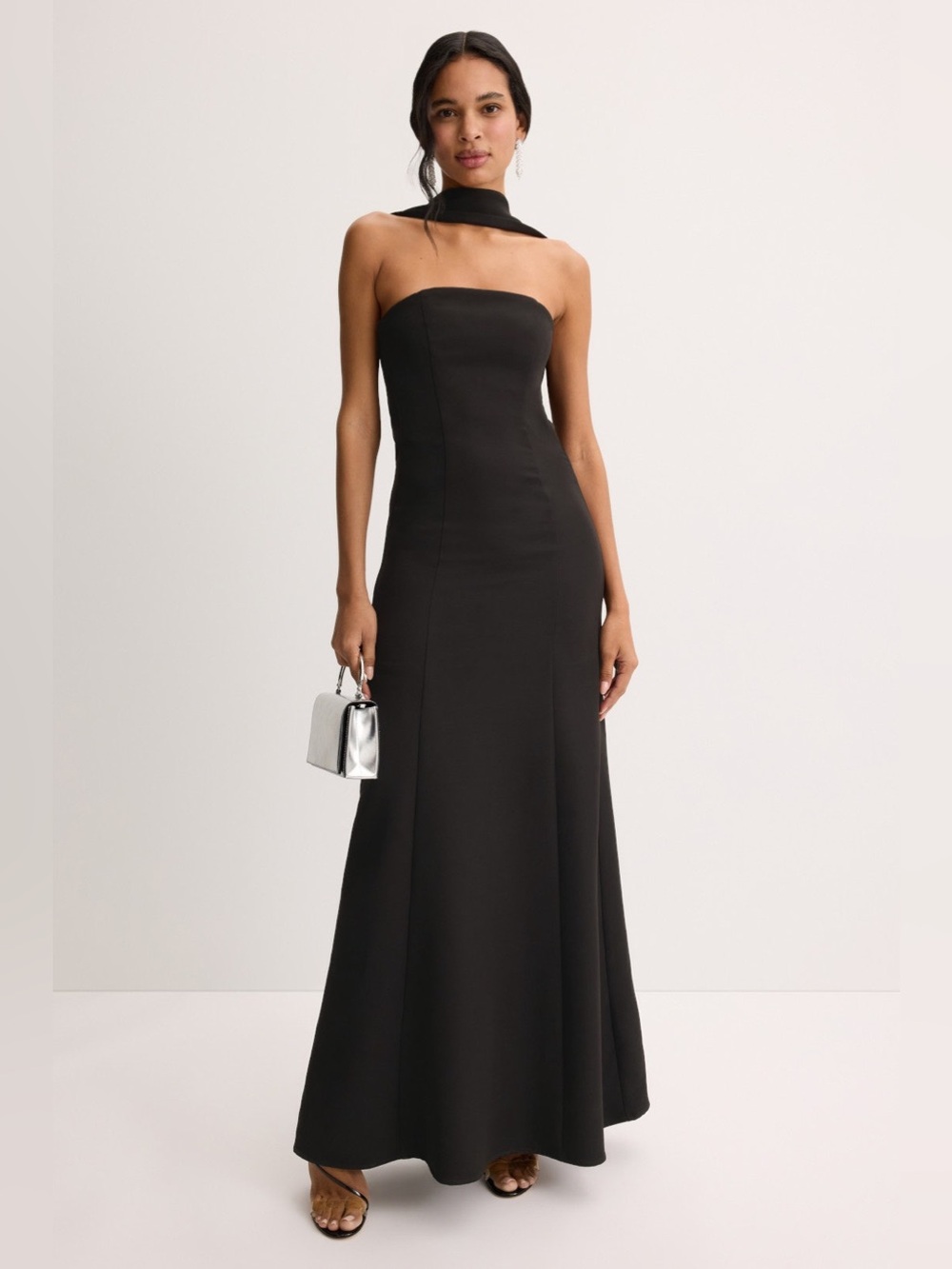 Strapless Black Evening Gown with Scarf Neck